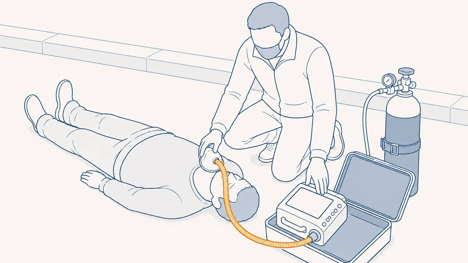 Line illustration of a clinician kneeling beside a patient lying on the ground outdoors, with a generic portable ventilator in an open transport case connected by a short breathing circuit to the patient's mask