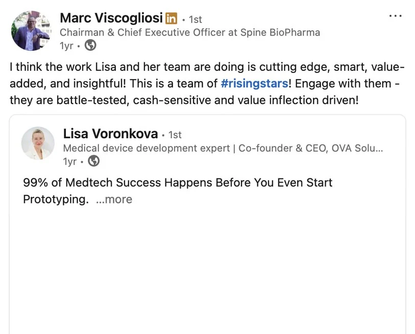 LinkedIn post by Marc Viscogliosi, Chairman and CEO at Spine BioPharma, recommending Lisa Voronkova and the OVA Solutions team