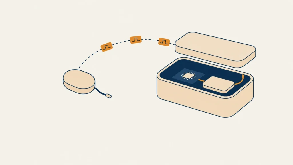 Flat isometric illustration of a small sealed implant capsule with a short lead and a larger open wearable hub showing a circuit board, a chip and a battery, linked by a dashed arc carrying three small waveform tiles