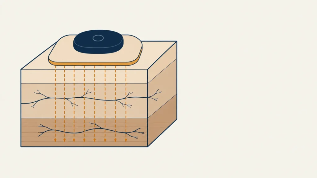 Flat illustration of a cross-section block of skin with a wearable stimulator module and its gel electrode on top, and dashed current paths running down from the electrode through the skin layers past nerve branches into the muscle layer