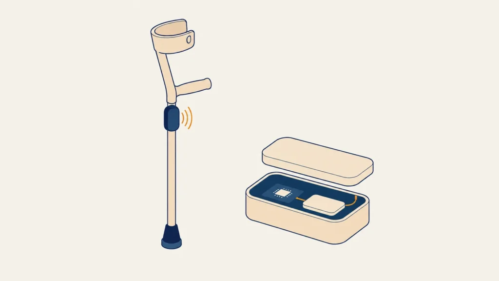 Flat isometric illustration of a single forearm crutch with a small feedback module just below its grip radiating three short arcs, next to an open injection-molded housing showing a circuit board, a chip and a battery