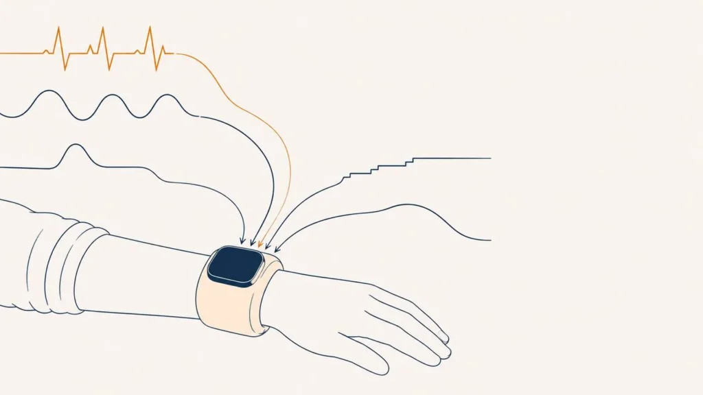 Flat illustration of a wrist wearing a monitoring bracelet with a wide inflatable cuff band, with five physiological signal traces including an ECG waveform converging by arrows into the device