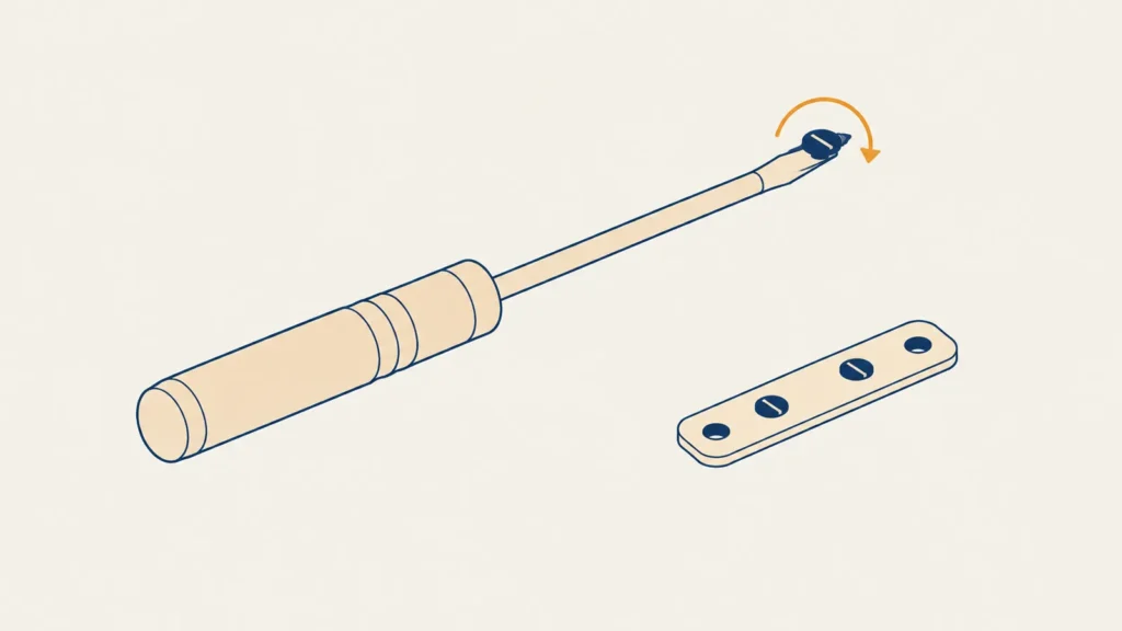 Flat isometric illustration of a surgical screwdriver lying on a plain surface with a small slotted screw held on its blade tip and an arc around the tip marking rotation, next to a small flat fixation plate with four holes, two of them holding slotted screws and two empty