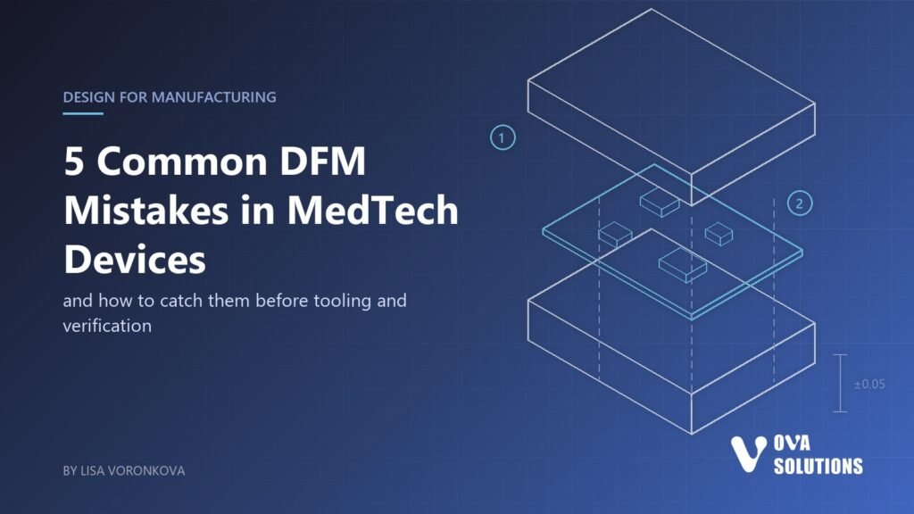 Cover for the article on 5 common DFM mistakes in MedTech devices: line drawing of a device enclosure and PCB in exploded view