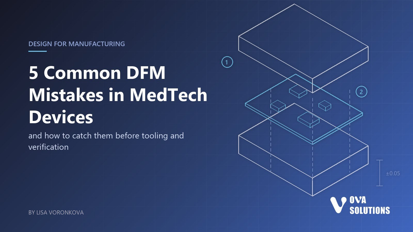 Cover for the article on 5 common DFM mistakes in MedTech devices: line drawing of a device enclosure and PCB in exploded view