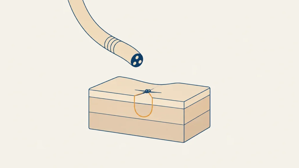 Flat isometric illustration of a flexible endoscope tip approaching a layered block of tissue, where a single suture shown on the cut face passes through the top layer into the middle layer and is tied over a closed incision