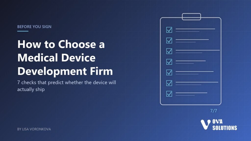 Cover for the article on choosing a medical device development firm: line drawing of a clipboard with seven checked items