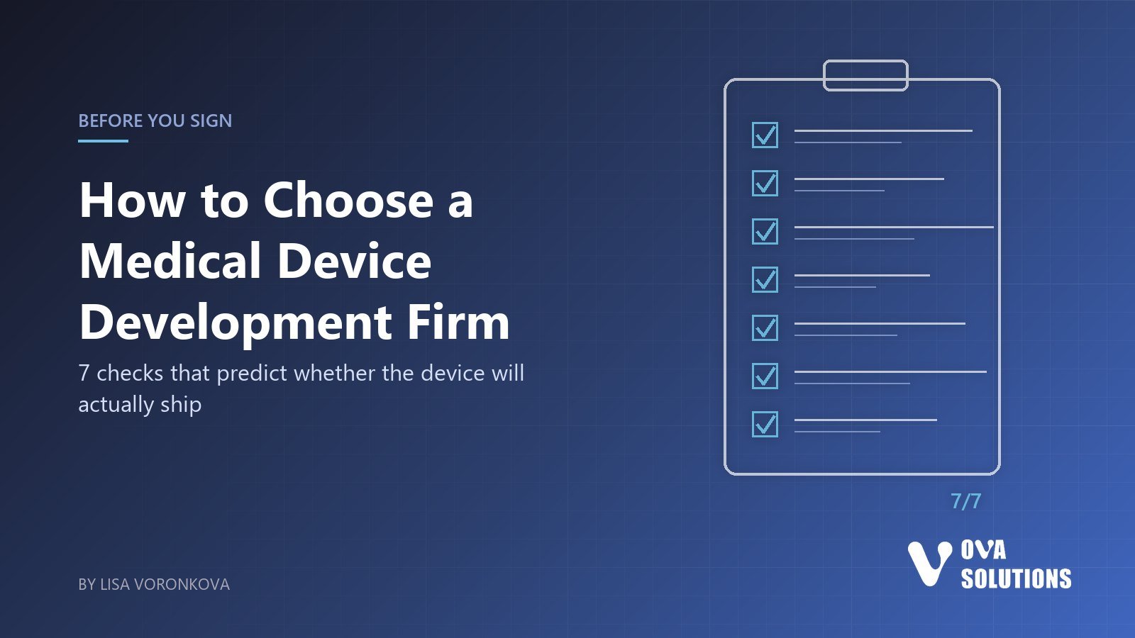 Cover for the article on choosing a medical device development firm: line drawing of a clipboard with seven checked items