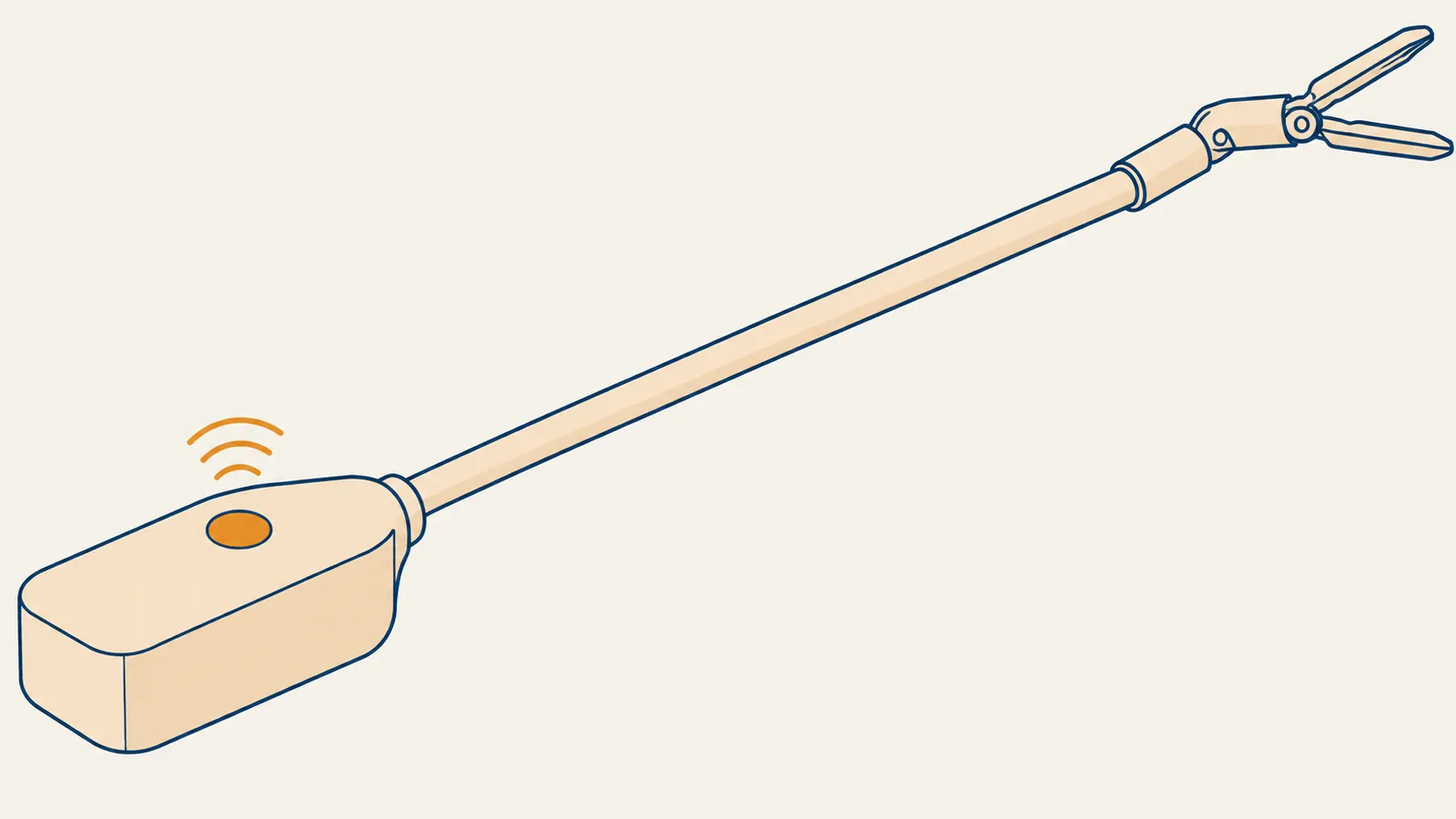 Flat isometric illustration of a reusable surgical instrument with a housing, a long shaft and an articulated grasping tip, with a flat tag set into the housing and arcs above it marking contactless reading